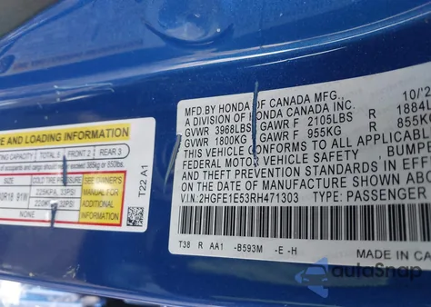 2024 Honda Civic Si Sedan z USA, uszkodzony, nr VIN 2HGFE1E53RH471303